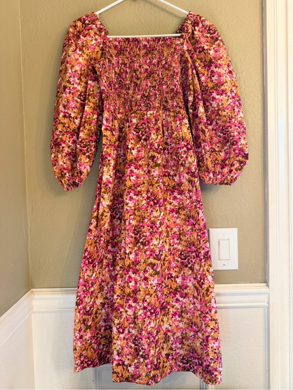 J. Crew Floral Smocked Puff-Sleeve Dress - Pink & Orange